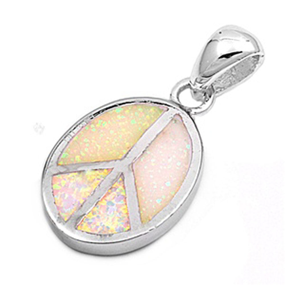 Peace Sign Pendant White Simulated Opal .925 Sterling Silver Retro Charm