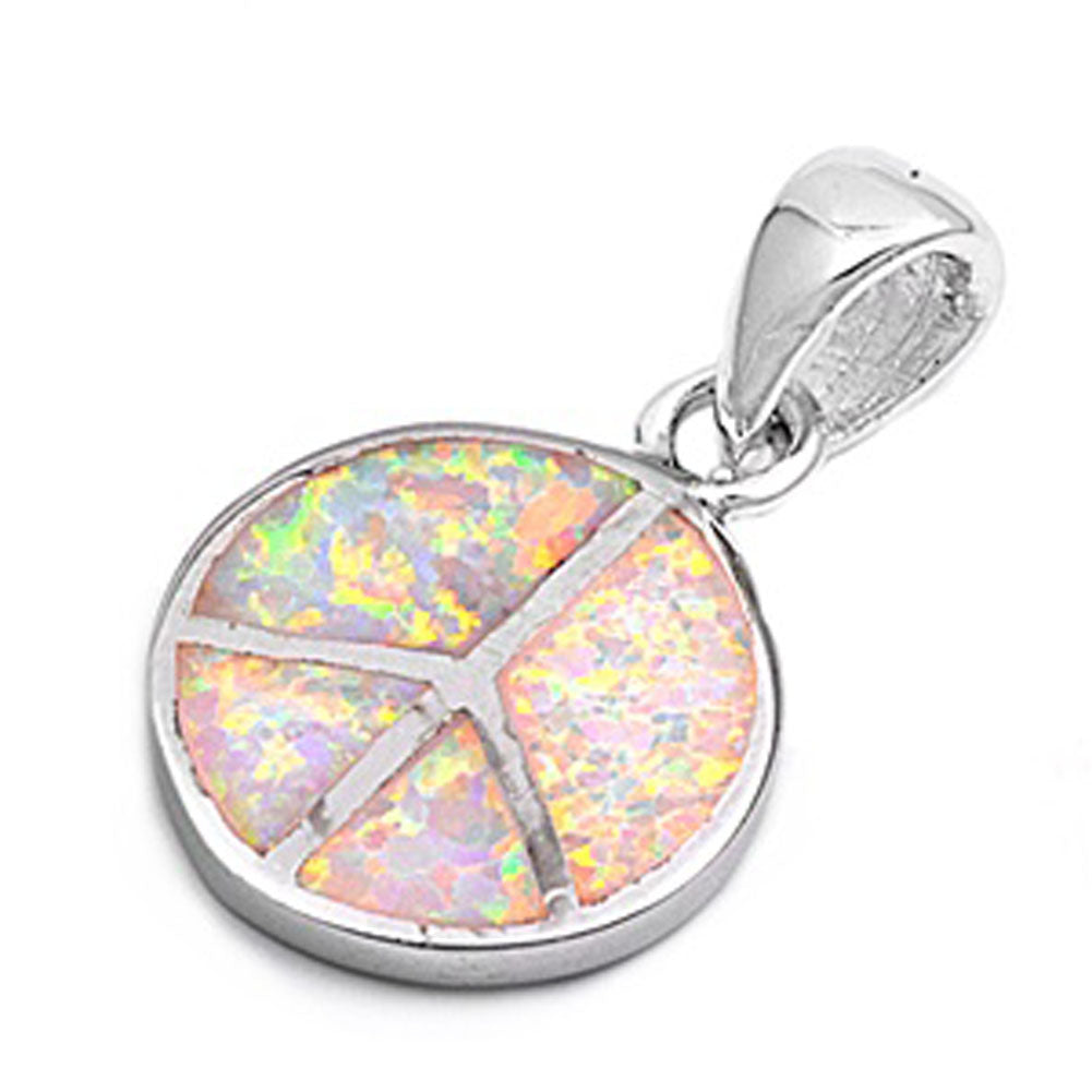 Sparkly Peace Sign Pendant White Simulated Opal .925 Sterling Silver Cute Charm