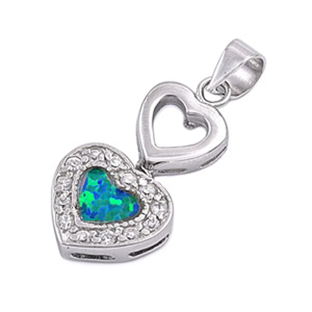 Sterling Silver Halo Sparkly Studded Heart Pendant Blue Simulated Opal Charm