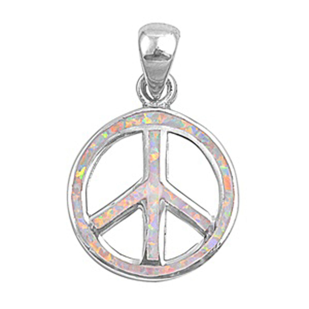 Sparkly Peace Sign Pendant White Simulated Opal .925 Sterling Silver Open Charm