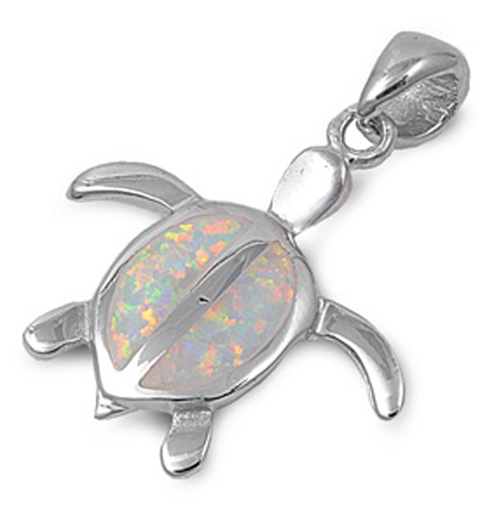 Sparkly Turtle Pendant White Simulated Opal .925 Sterling Silver Animal Charm