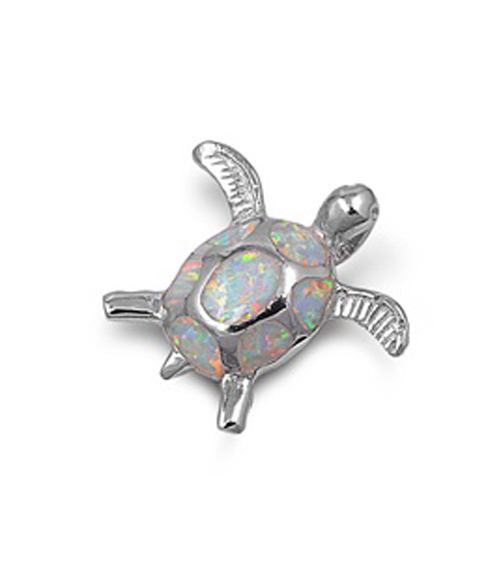 Cute Sea Turtle Pendant White Simulated Opal .925 Sterling Silver Ocean Charm