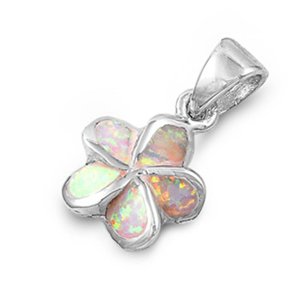 Flower Sparkly Plumeria Pendant White Simulated Opal .925 Sterling Silver Charm