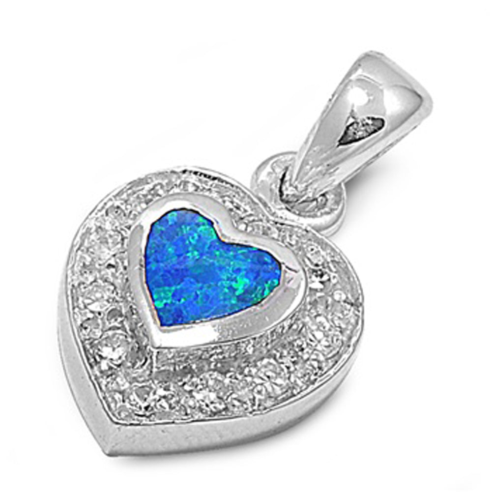 Sterling Silver Halo Classic Sparkly Heart Pendant Blue Simulated Opal Charm