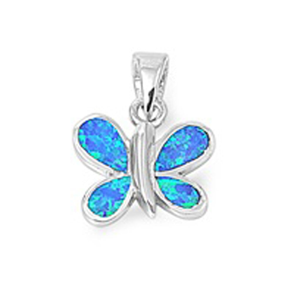 Cute Sparkly Butterfly Pendant Blue Simulated Opal .925 Sterling Silver Charm