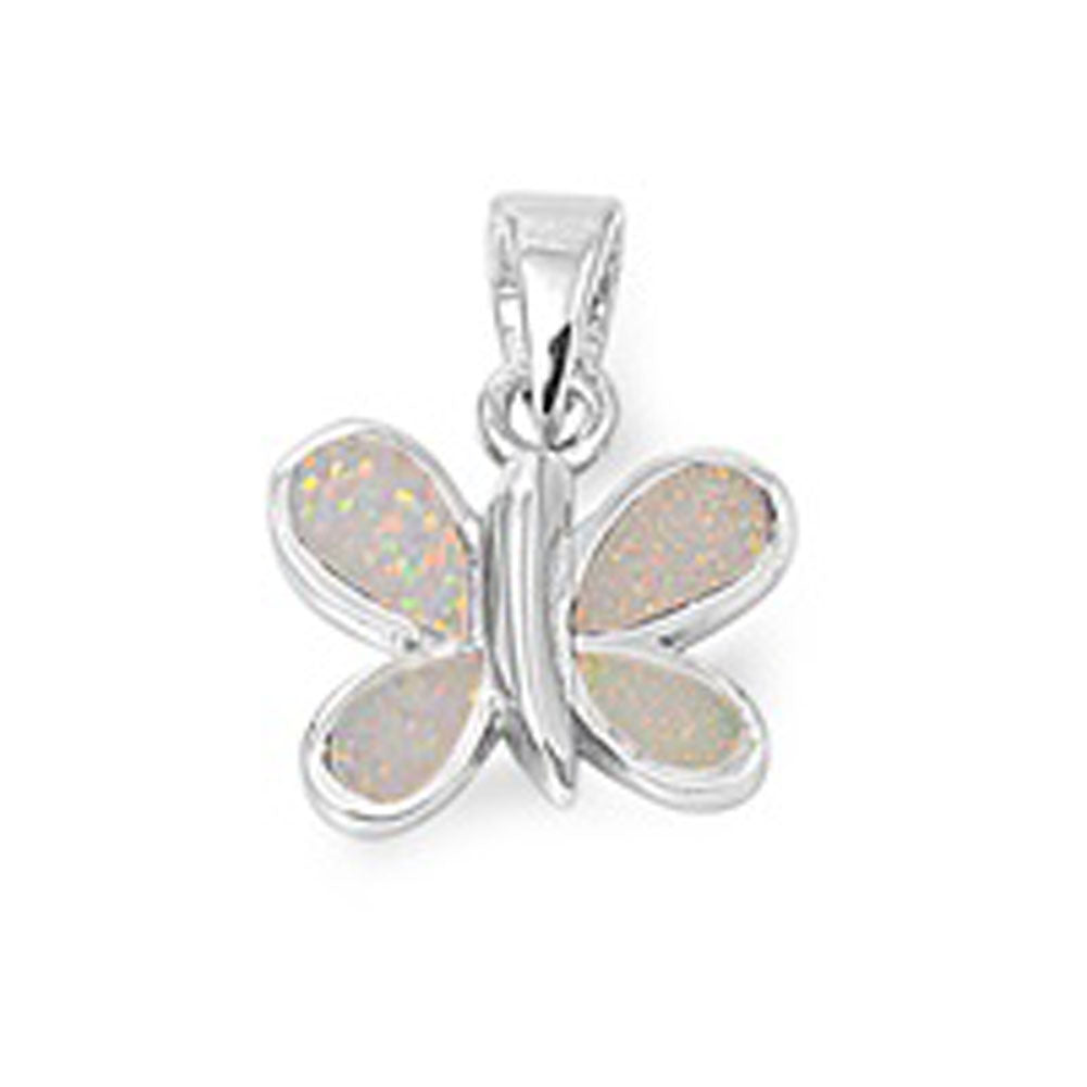 Teardrop Butterfly Pendant White Simulated Opal .925 Sterling Silver Cute Charm
