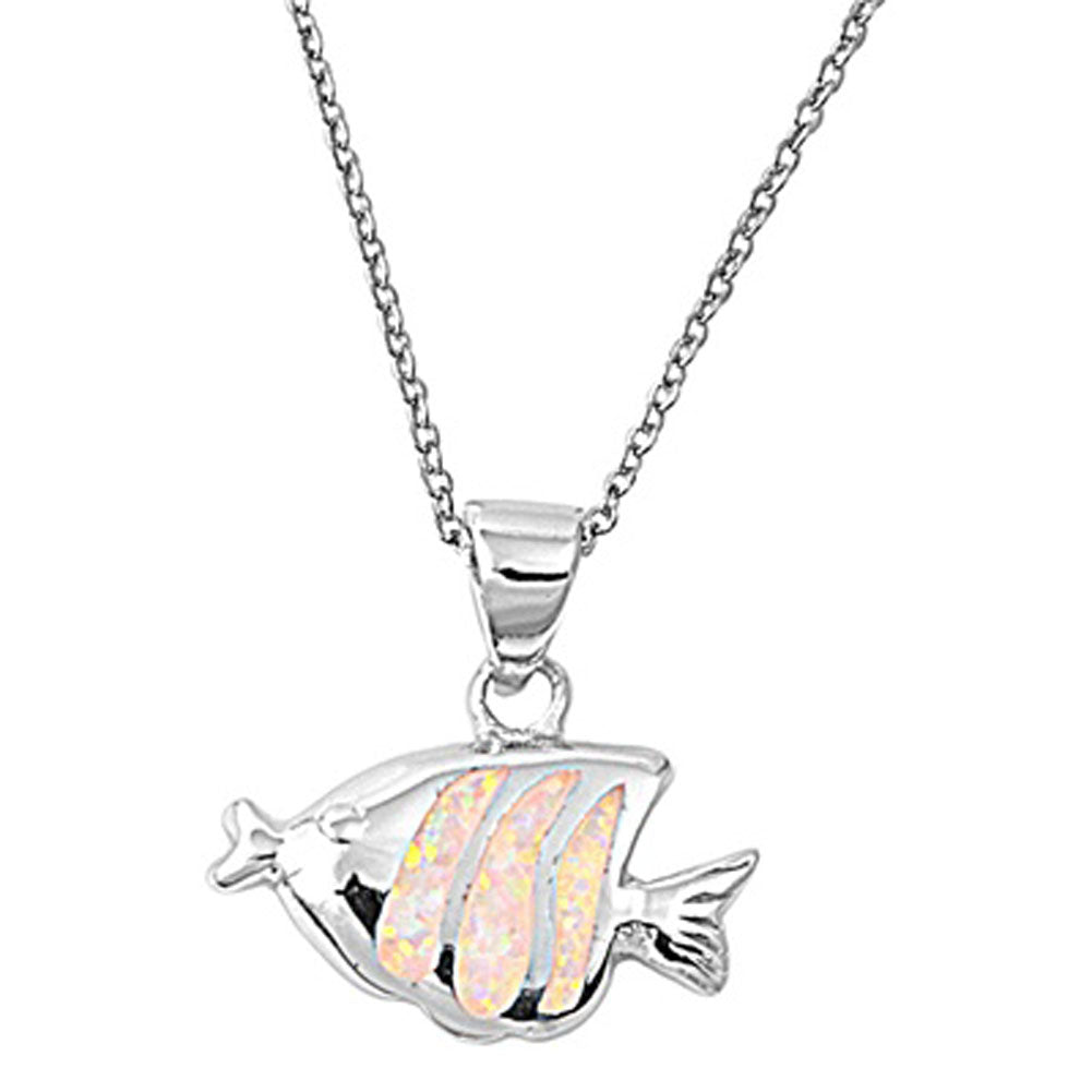 Cute Angel Fish Pendant White Simulated Opal .925 Sterling Silver Animal Charm