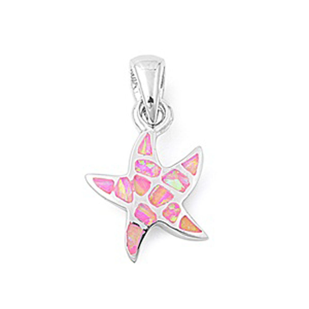 Cute Mosaic Starfish Pendant Pink Simulated Opal .925 Sterling Silver Charm