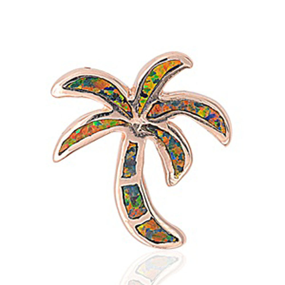 Sterling Silver Rose Gold-Tone Palm Tree Pendant Mystic Simulated Opal Charm