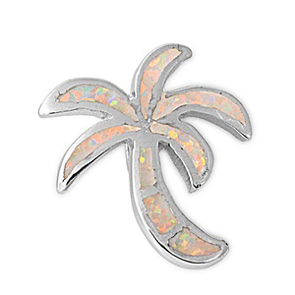Sterling Silver Sparkly Mosaic Palm Tree Pendant White Simulated Opal Charm