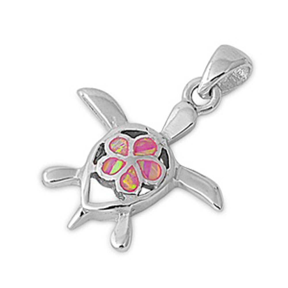 Sterling Silver Teardrop Petal Shell Turtle Pink Simulated Opal Pendant Charm