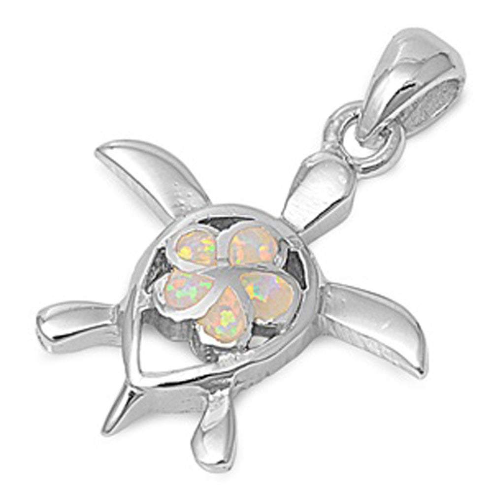 Sterling Silver Plumeria Teardrop Shell Turtle Pendant White Simulated Opal