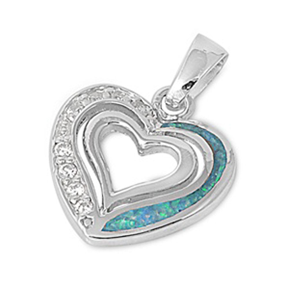 Double Heart Outline Pendant Green Simulated Opal .925 Sterling Silver Charm
