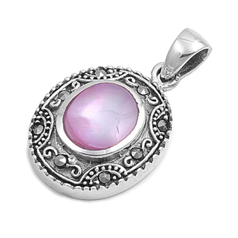 Sterling Silver Medieval Studded Oval Pendant Simulated Mother of Pearl Charm