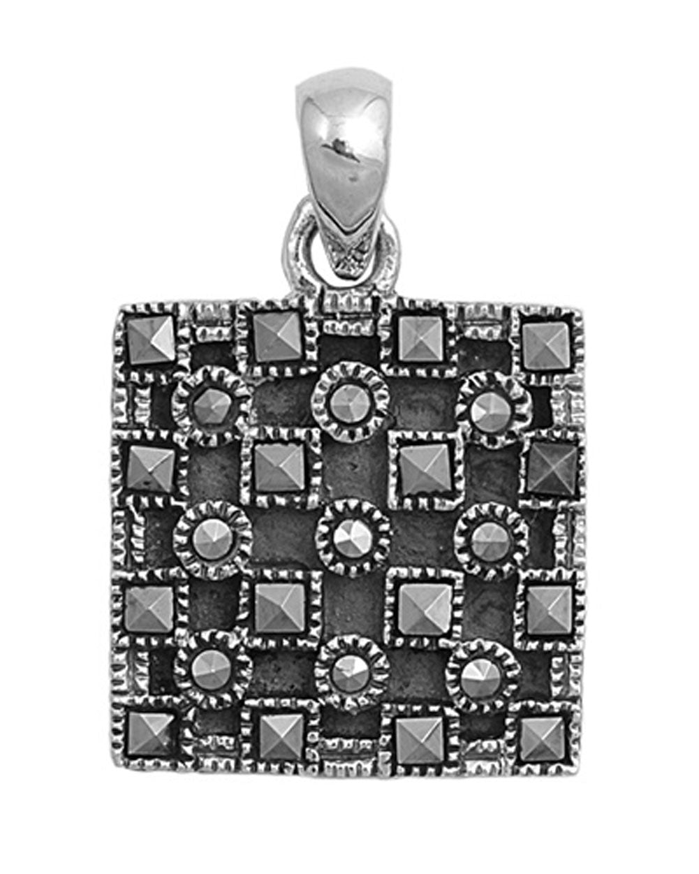 Studded Flower Square Pendant Simulated Marcasite .925 Sterling Silver Charm