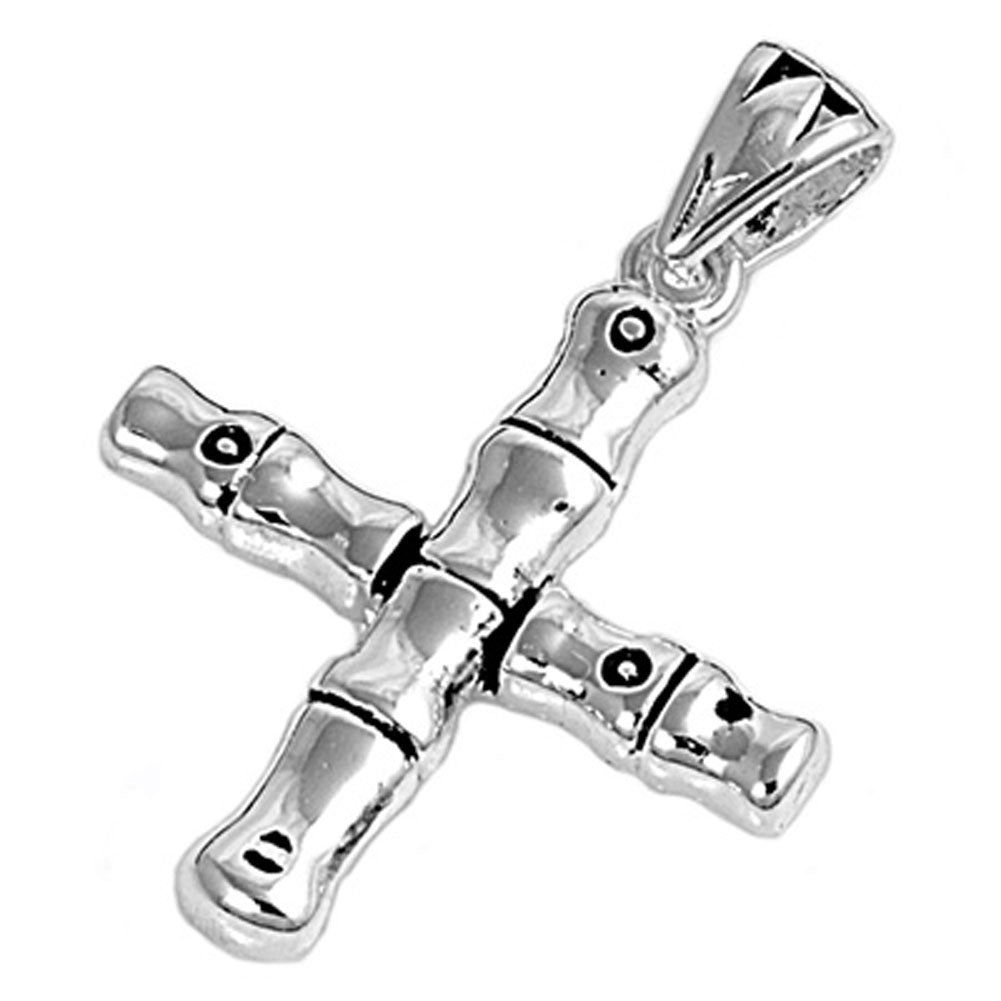 Bamboo Style Unique Cross Pendant .925 Sterling Silver High Polish Charm