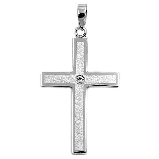 Sterling Silver Satin-Finish Cross Traditional Clear CZ Pendant Charm