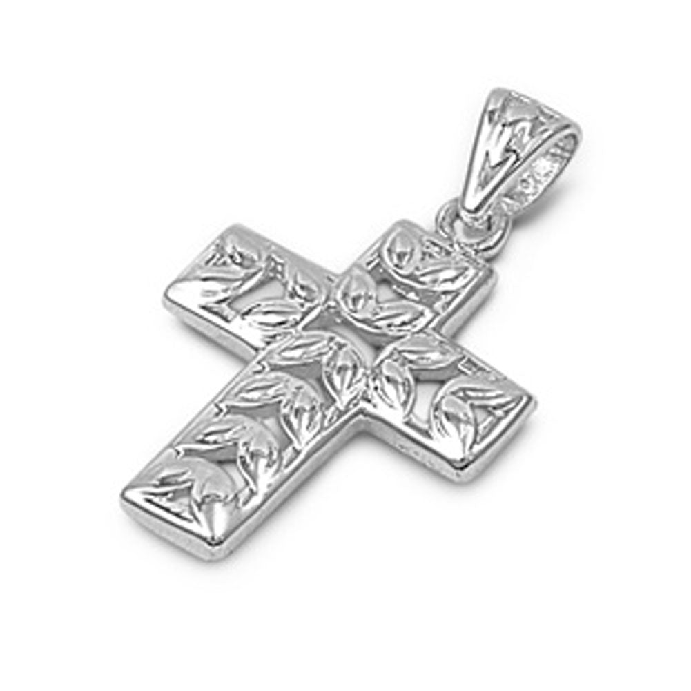 High Polish Leaf Cross Pendant .925 Sterling Silver Shiny Laurel Nature Charm