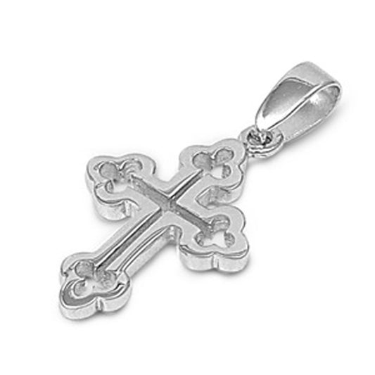 Triple Bud Scalloped Open Cross Pendant .925 Sterling Silver Cutout Simple Charm