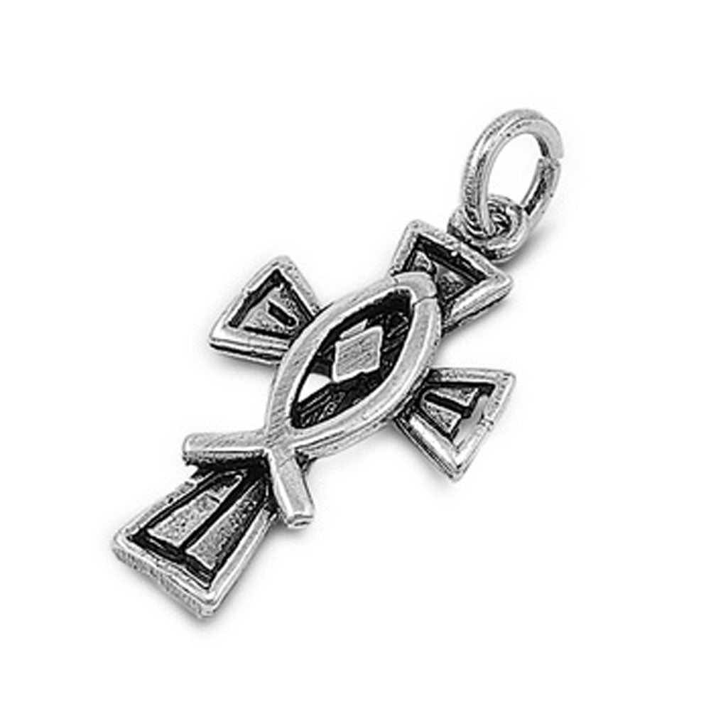 Fish Oxidized Christian Cross Pendant .925 Sterling Silver Ichthus Forever Charm