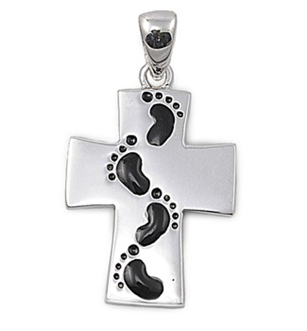 Unique Oxidized Cross Pendant .925 Sterling Silver Footprint Baby Feet Charm