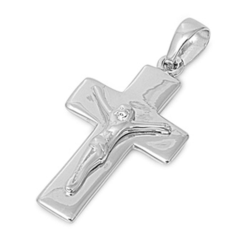 Crucifix High Polish Cross Pendant .925 Sterling Silver Jesus Simple Shiny Charm