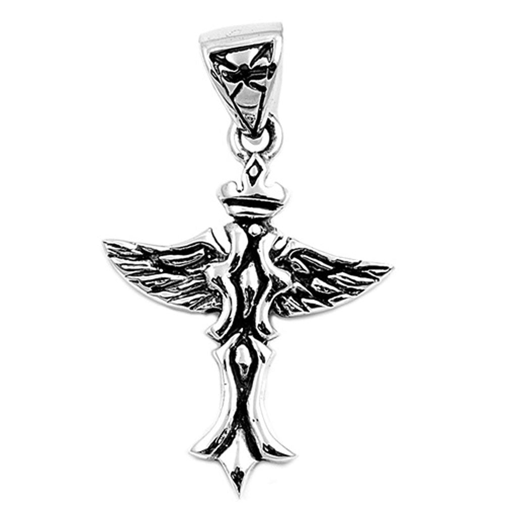 Feather Wing Crown Cross Pendant .925 Sterling Silver Biker Unique Charm