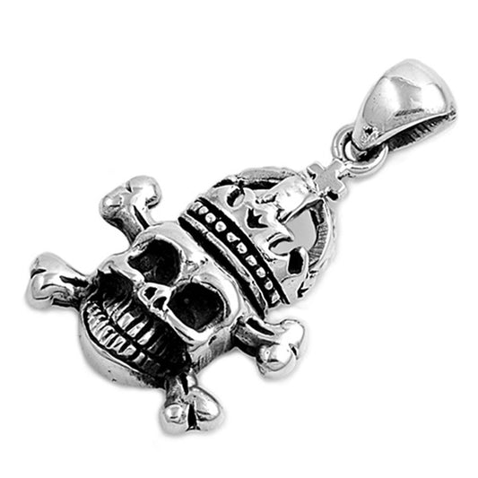 Crossbones Crown Skull Pendant .925 Sterling Silver Biker Scary Creepy Charm