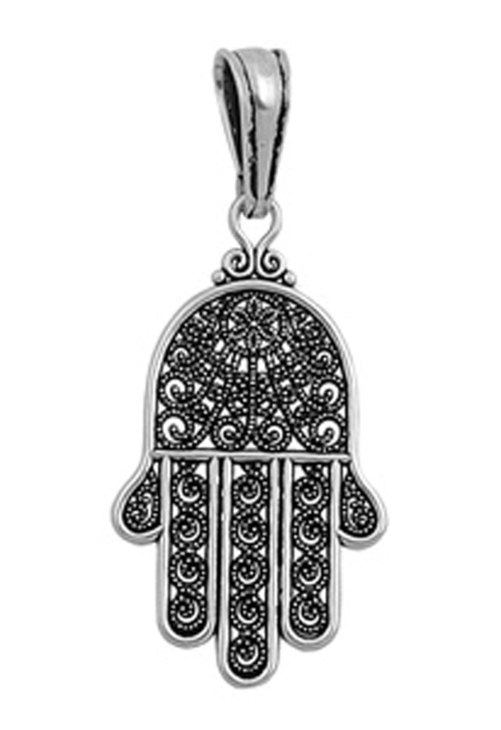 Ornate Hand of God Pendant .925 Sterling Silver Detailed Hamsa Finger Charm
