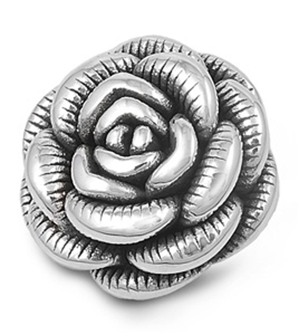 Flower Bloom Grooved Traditional Rose Pendant .925 Sterling Silver Nature Charm