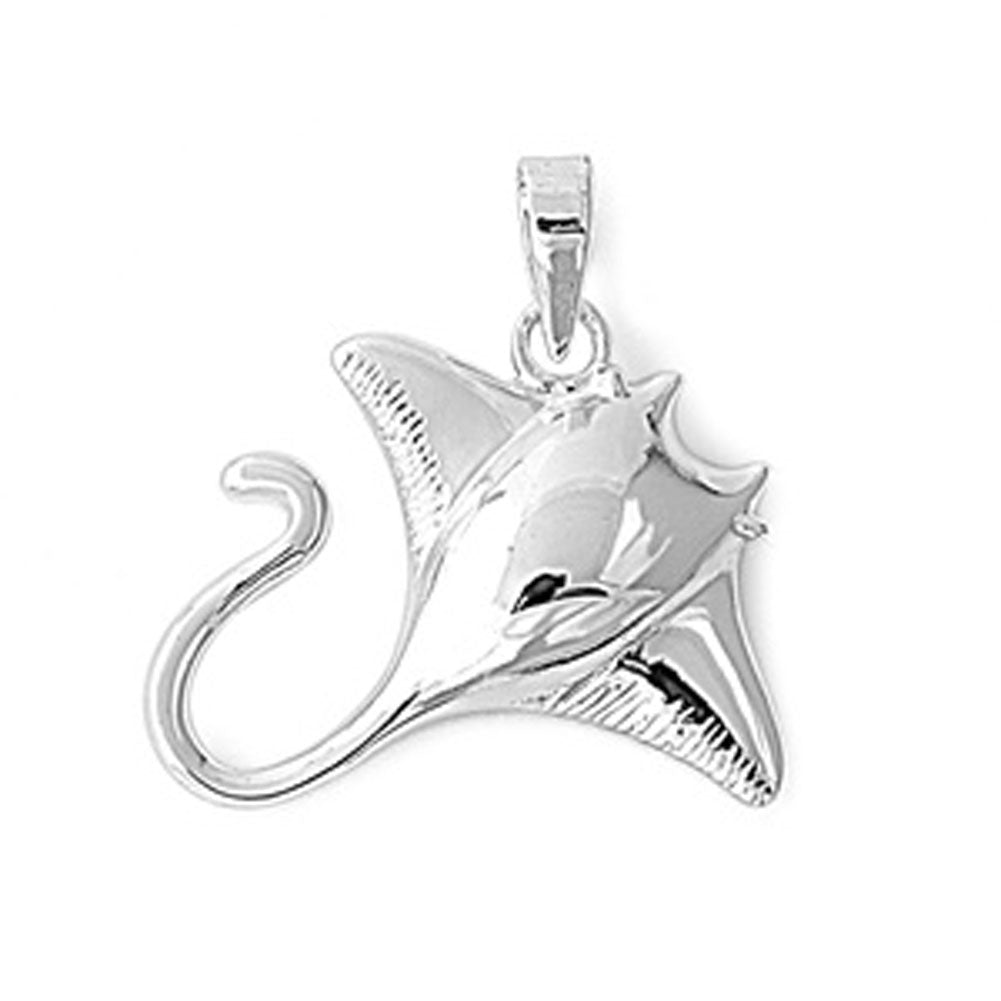 Realistic Animal Shiny Stingray Pendant .925 Sterling Silver Hook Charm