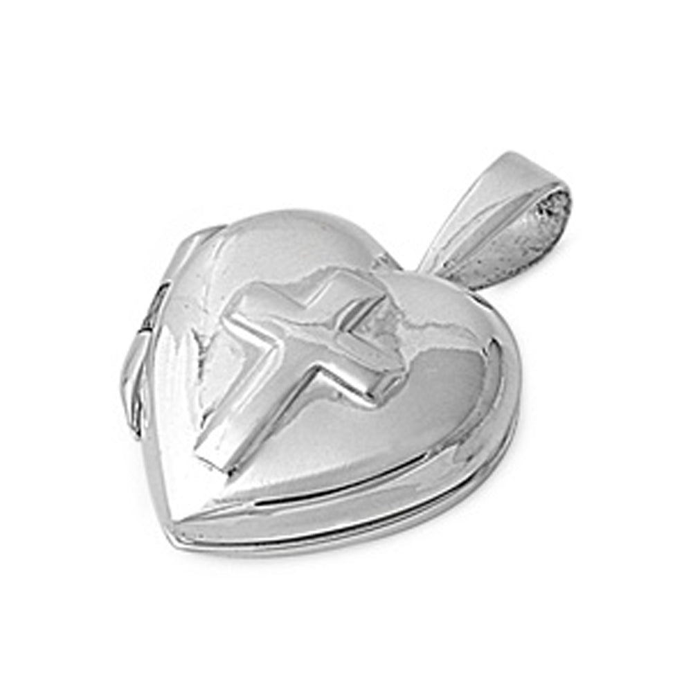 Cross Simple Heart Locket Pendant .925 Sterling Silver Puffed High Polish Charm