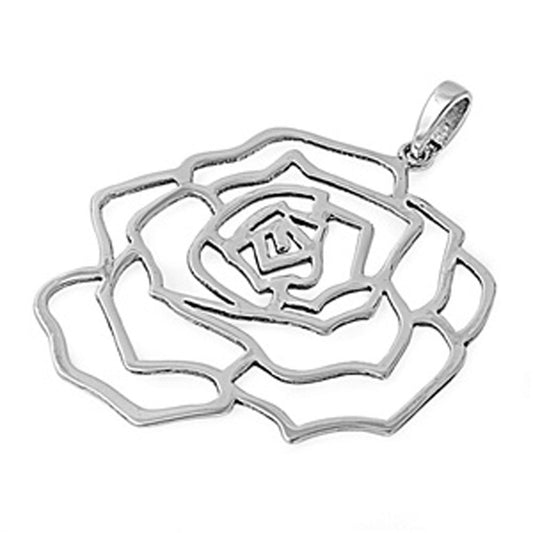 Open Flower Petal Wide Bloom Rose Pendant .925 Sterling Silver Cutout Charm