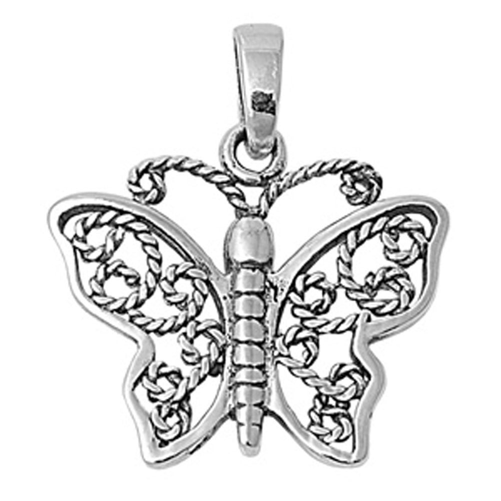 Detailed Wing Rope Knot Butterfly Pendant .925 Sterling Silver Ornate Bug Charm