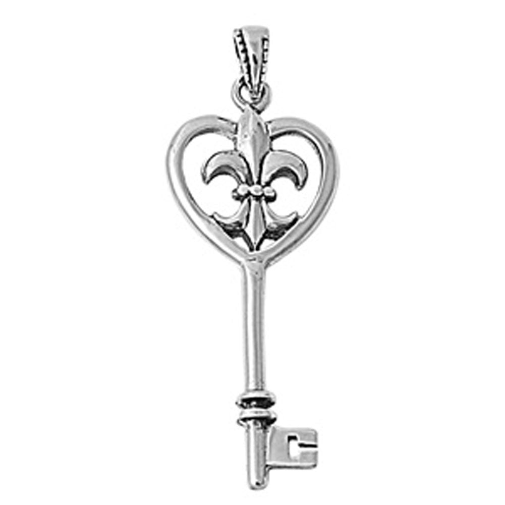 Fleur De Lis Vintage Skeleton Key Pendant .925 Sterling Silver Charm