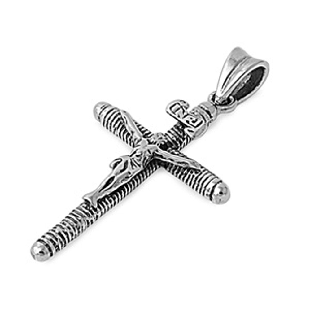 Crucifix Rope Cross Pendant .925 Sterling Silver Jesus Detailed Intricate Charm