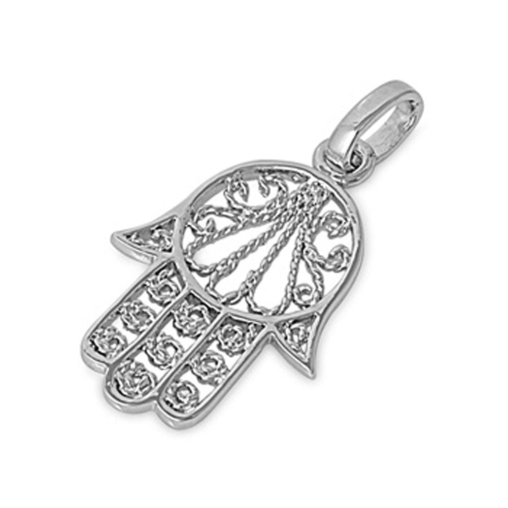 Hand of God Filigree Rope Hamsa Pendant .925 Sterling Silver Ornate Detail Charm