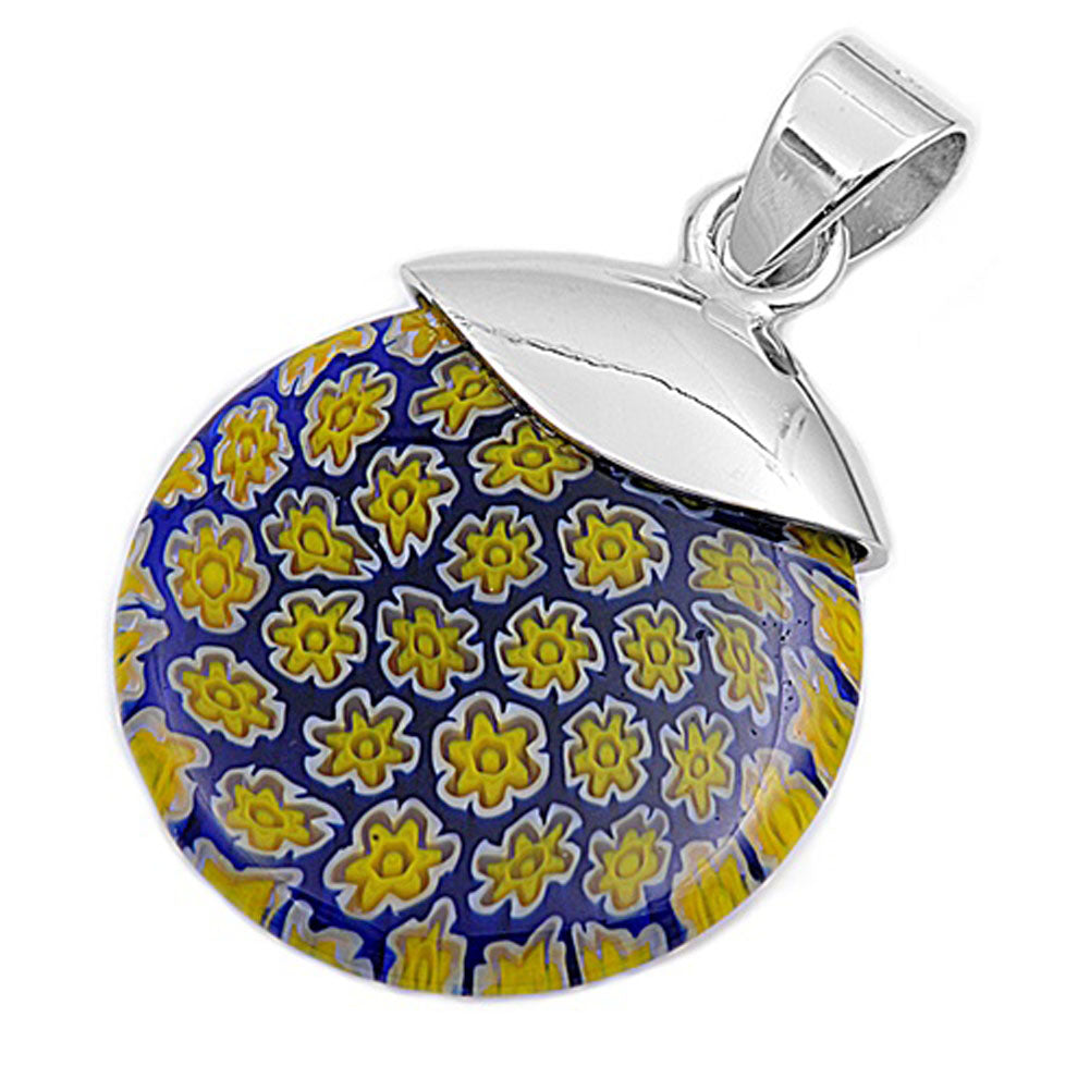 Multi Flower Mosaic Pendant Simulated Murano Glass .925 Sterling Silver Charm