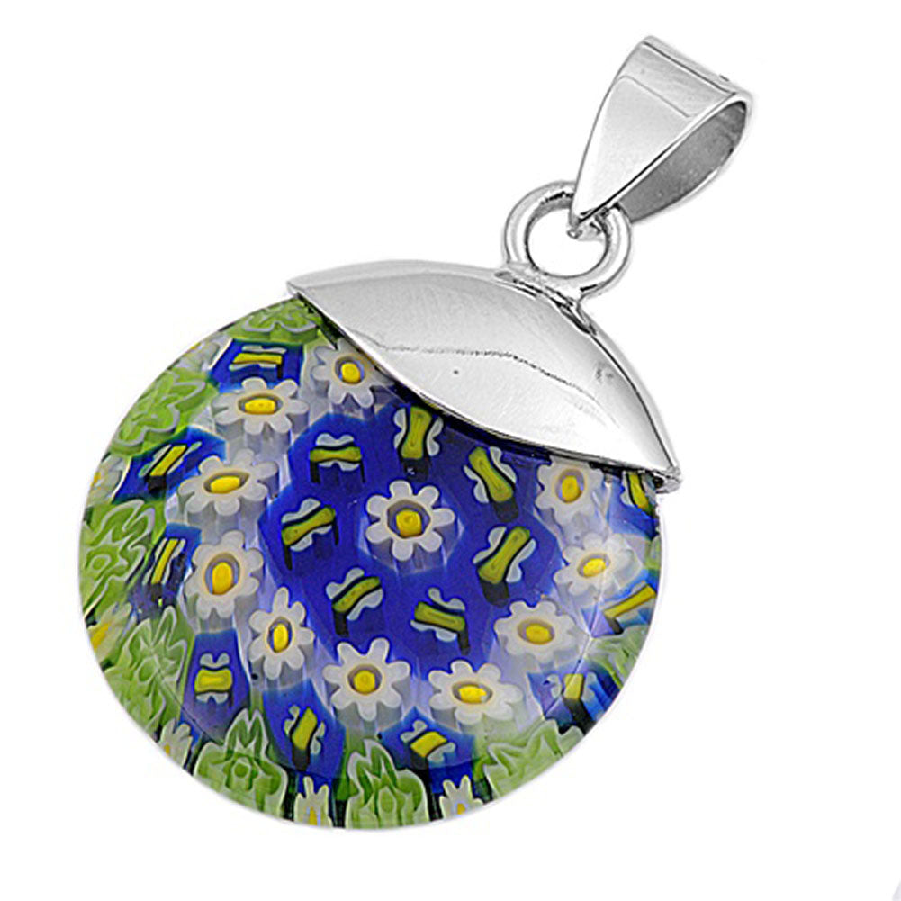 Bee and Daisy Mosaic Pendant Simulated Murano Glass .925 Sterling Silver Charm