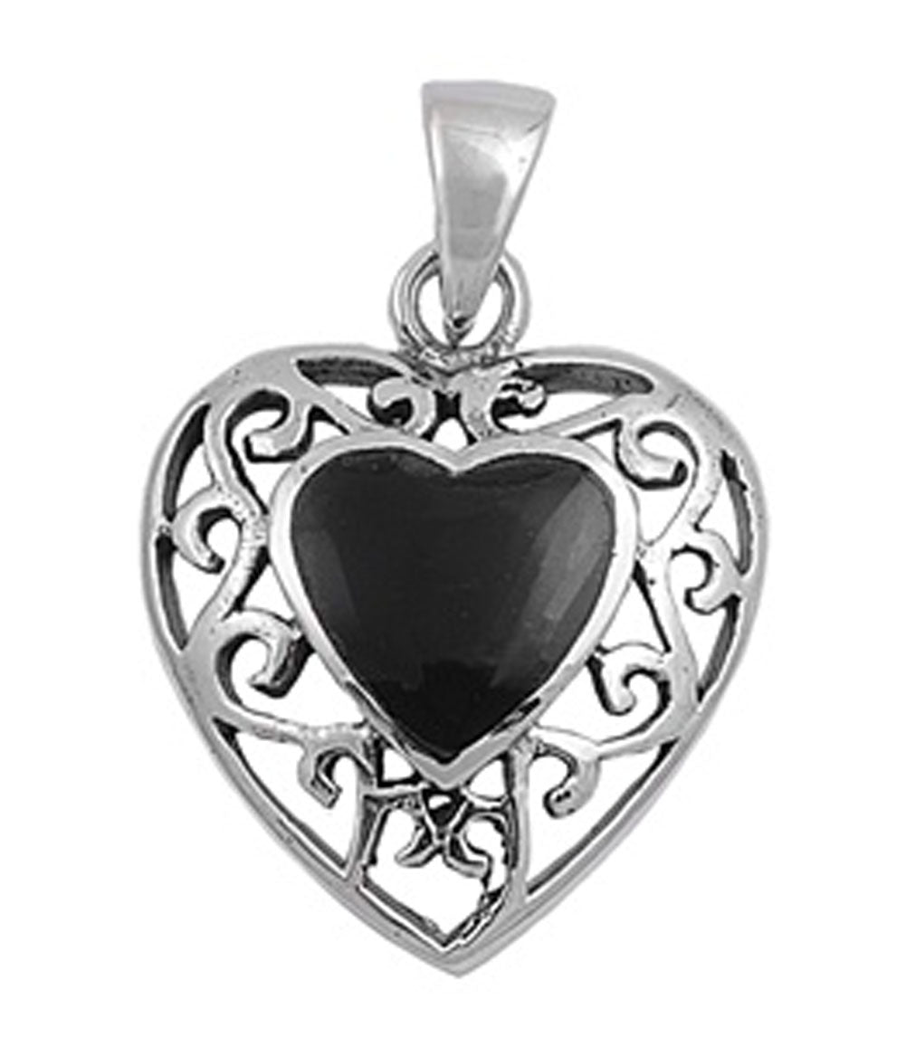 Filigree Swirl Heart Pendant Black Simulated Onyx .925 Sterling Silver Charm
