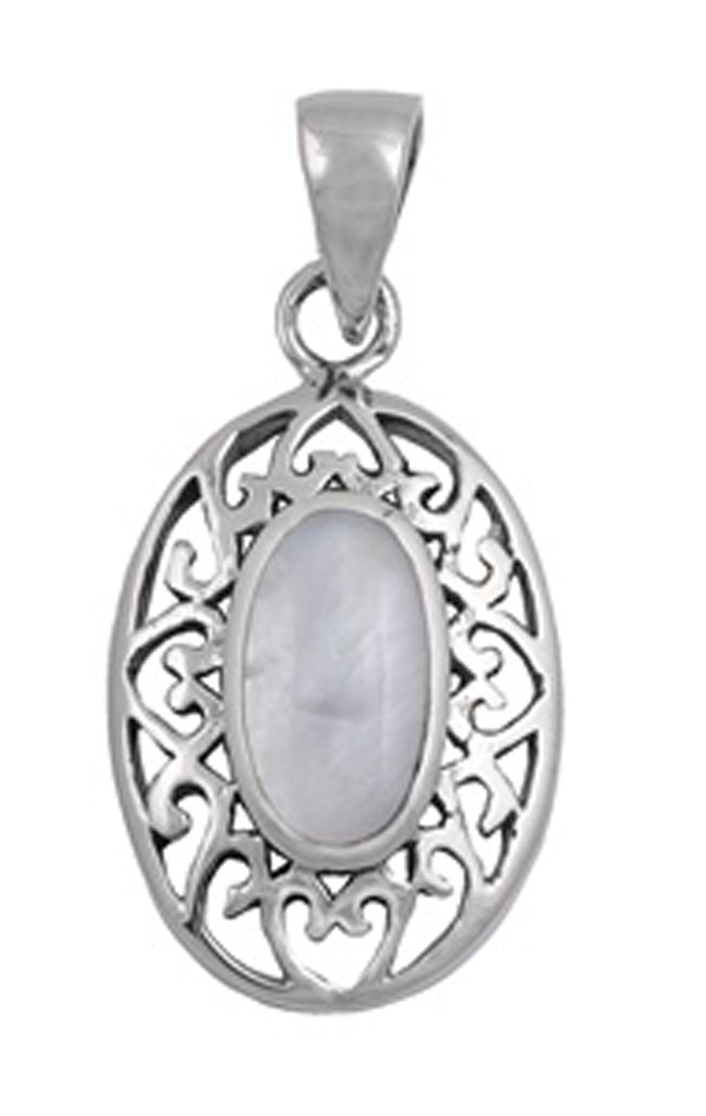 Sterling Silver Cutout Filigree Swirl Oval Simulated Mother of Pearl Pendant