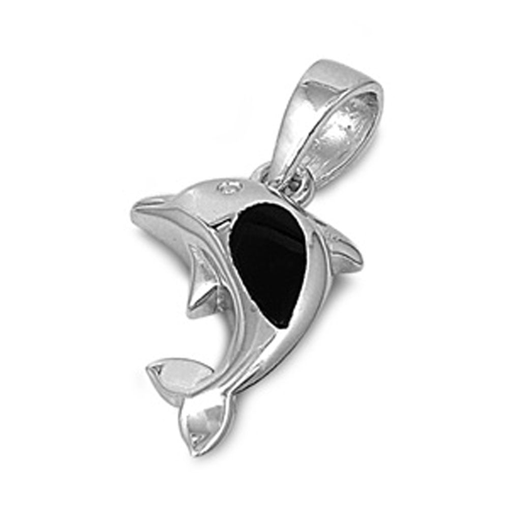 Cute Teardrop Dolphin Pendant Black Simulated Onyx .925 Sterling Silver Charm