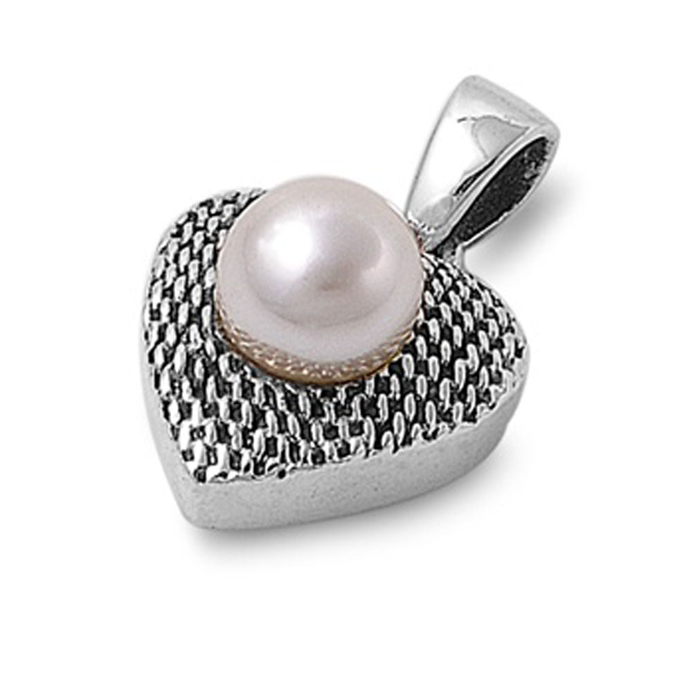 Basket Weave Heart Pendant Simulated Pearl .925 Sterling Silver Link Love Charm