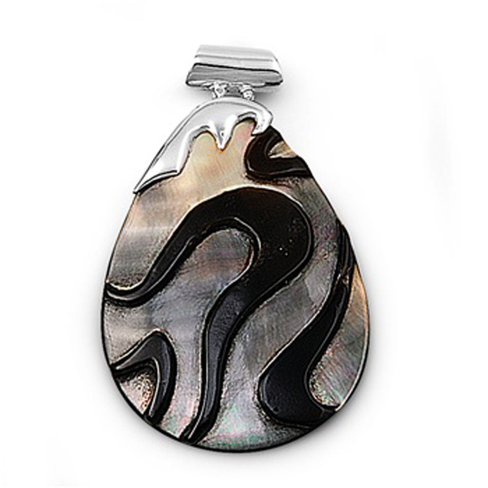 Wave Inlay Teardrop Pendant Simulated Abalone .925 Sterling Silver Mosaic Charm