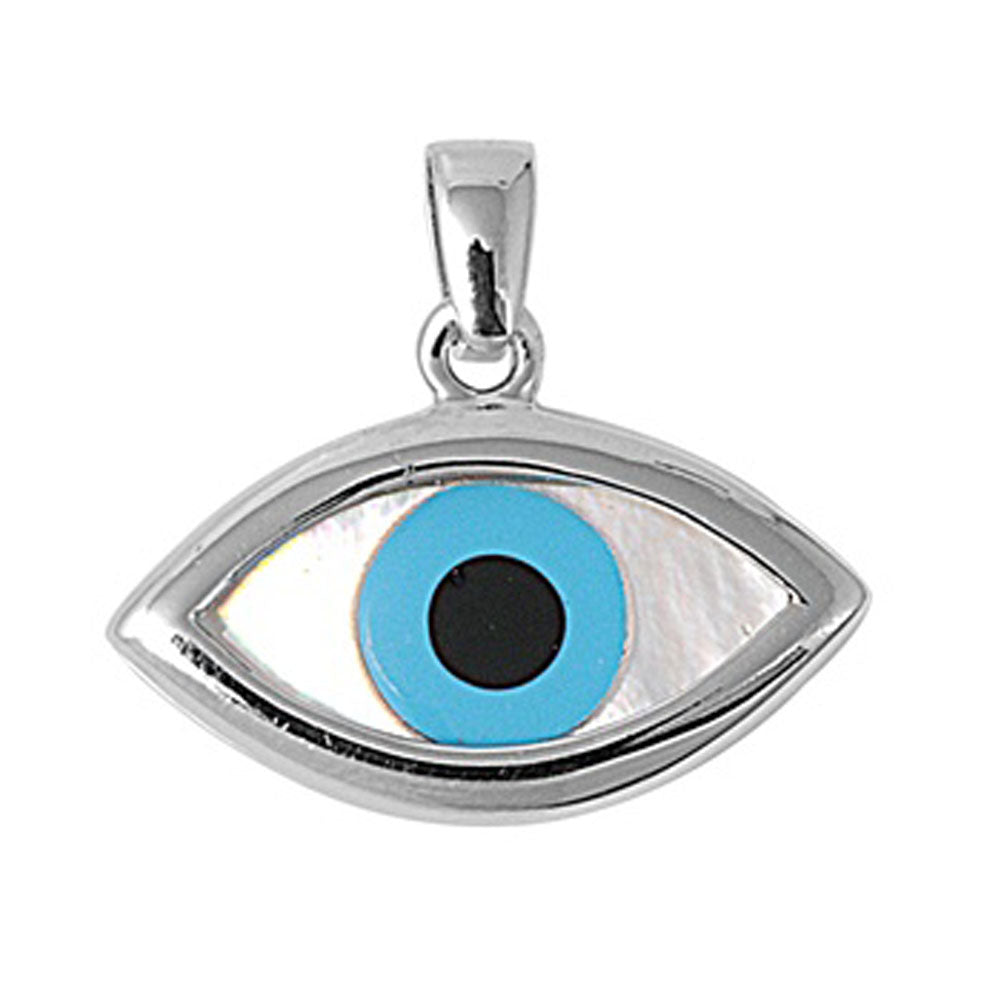 Blue Evil Eye Pendant Simulated Mother of Pearl .925 Sterling Silver Flat Charm