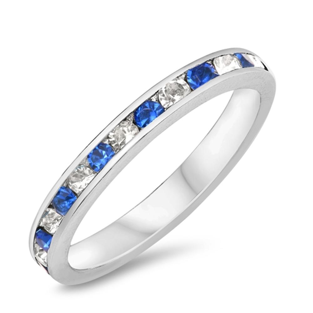 Blue Sapphire CZ Polished Simple Ring New .925 Sterling Silver Band Sizes 4-12