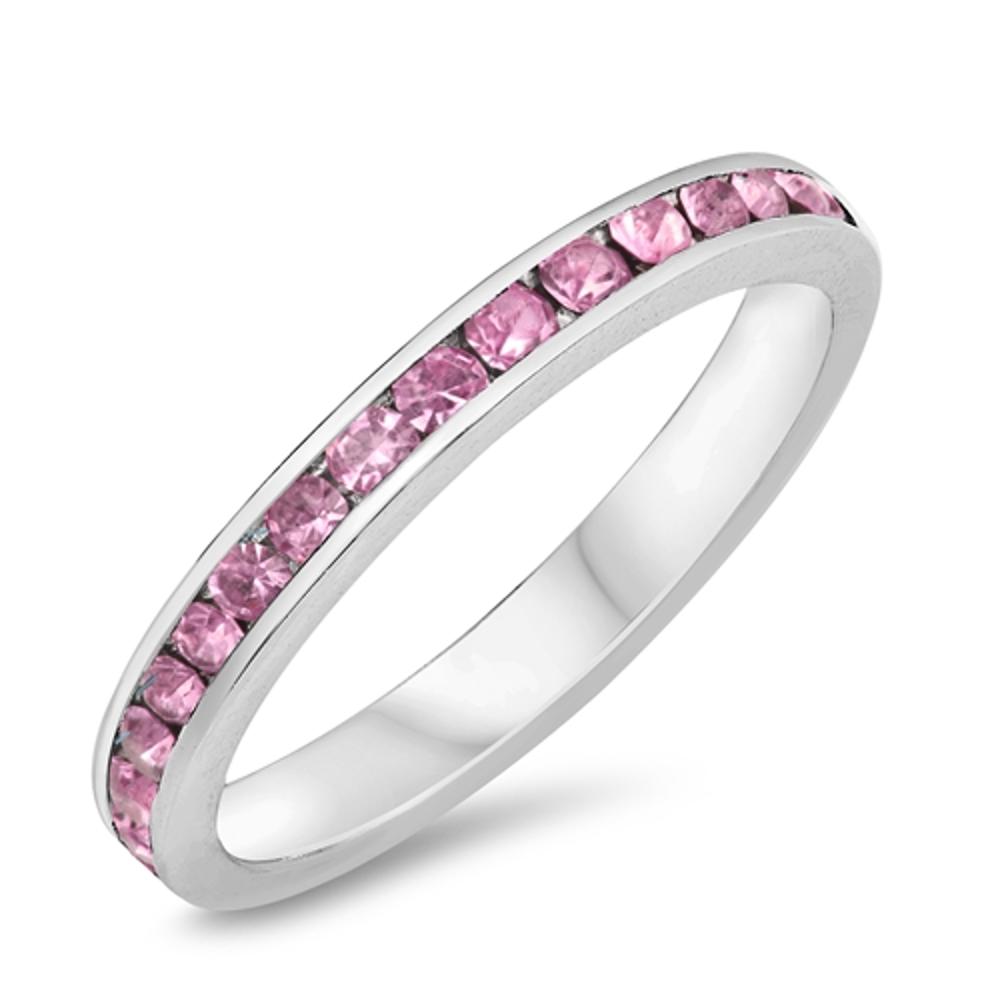 Pink CZ Eternity Polished Ring New .925 Sterling Silver Band Sizes 3-11