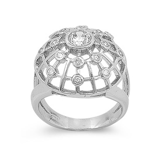 Round White CZ Spider Web Wide Ring New .925 Sterling Silver Band Sizes 6-9