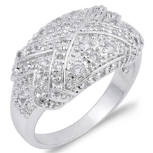 White CZ Fashion Criss Cross Pave Vintage Ring Sterling Silver Band Sizes 6-9