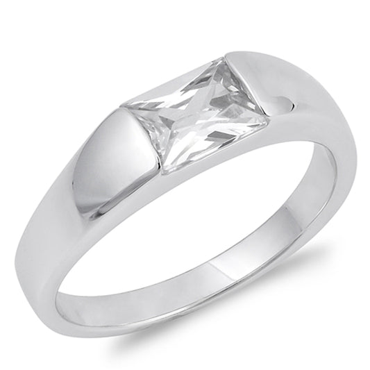 Rectangle Solitaire White CZ Wedding Ring .925 Sterling Silver Band Sizes 5-9
